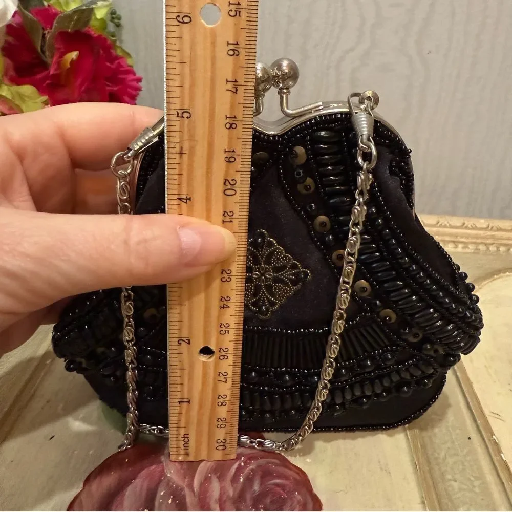 Heavily Beaded KISS Clasp Black Evening Bag Clutch Purse Wristlet Crossbody NWOT